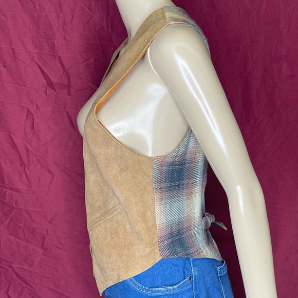 Vintage 90's Mona Mode Leather and Plaid Vest Medium - Picture 4 of 8